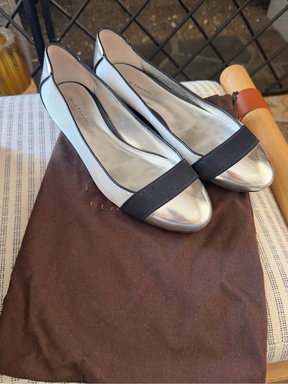 Elie Tahari Silver and Black Band Ballet Flats